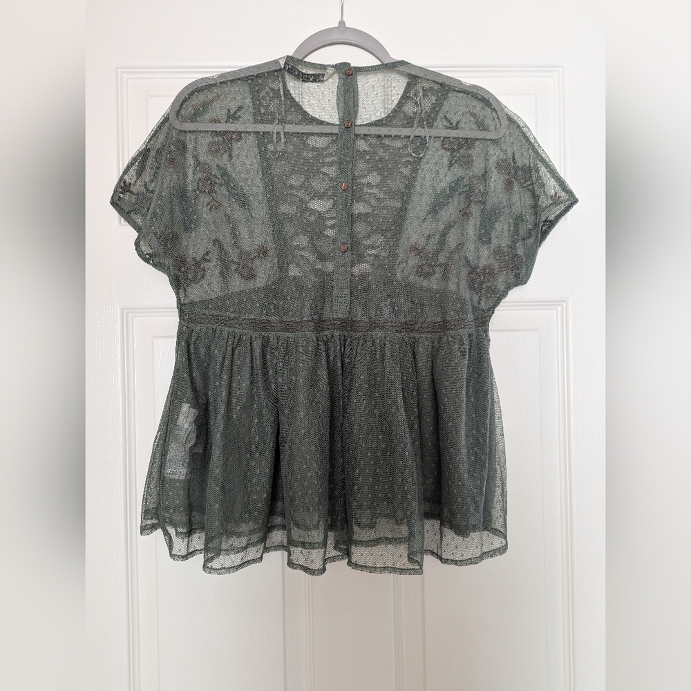 Zara | Size S |  Green Mesh Top With Floral Embroidery - Picture 2 of 10